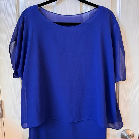 Ralph Lauren Black Label Chiffon Cape-Overlay mesh Jersey Dress sz 12 Large blue - Picture 4 of 15